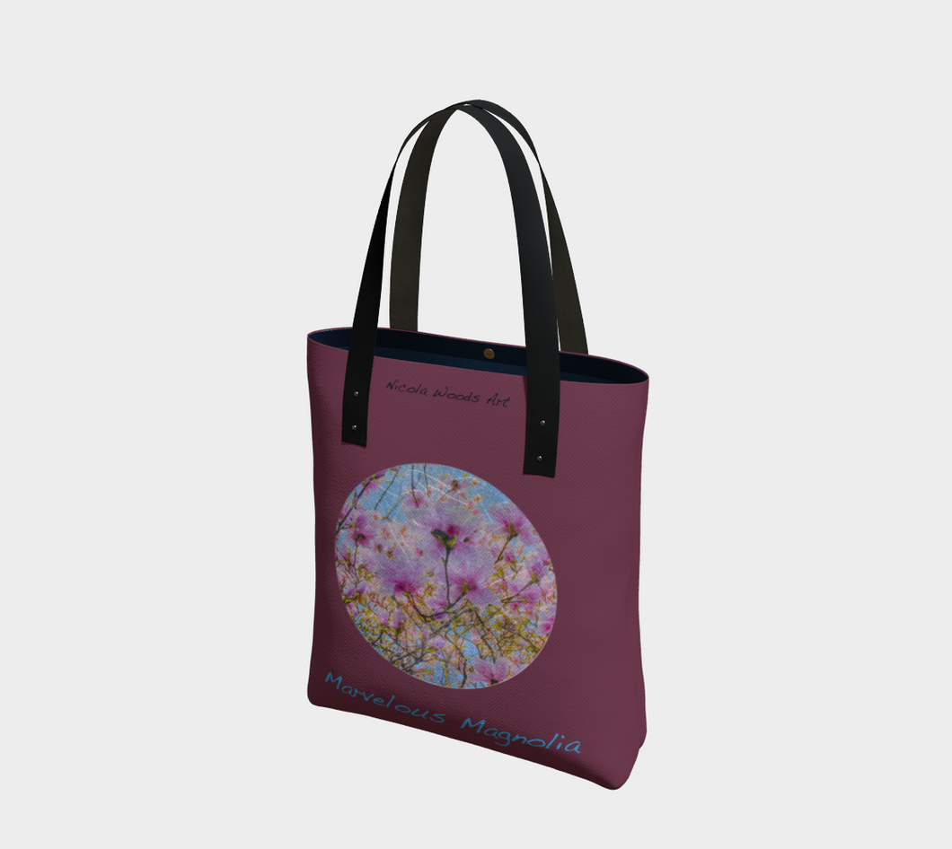 Marvelous Magnolia with maroon background Tote