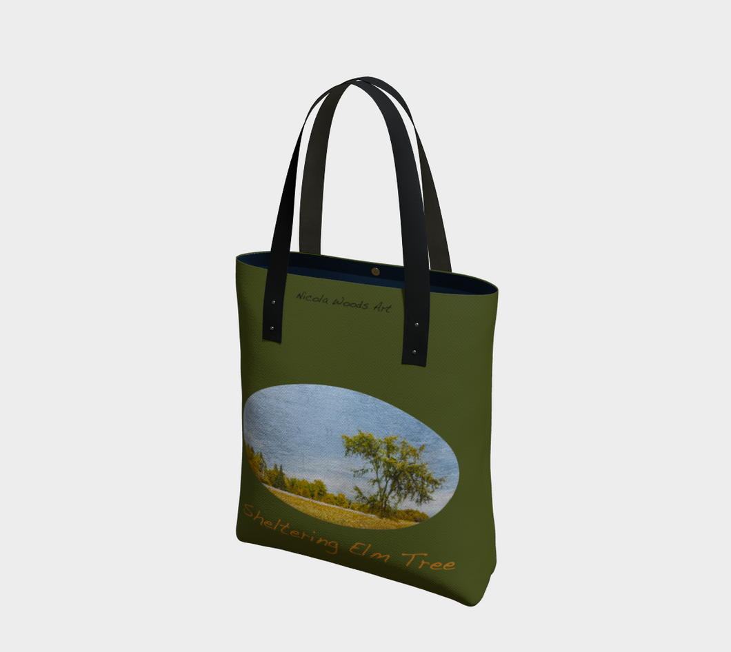 Sheltering Elm with green background Tree Tote