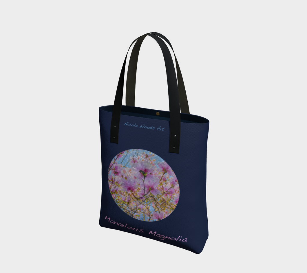 Marvelous Magnolia with navy background Tote