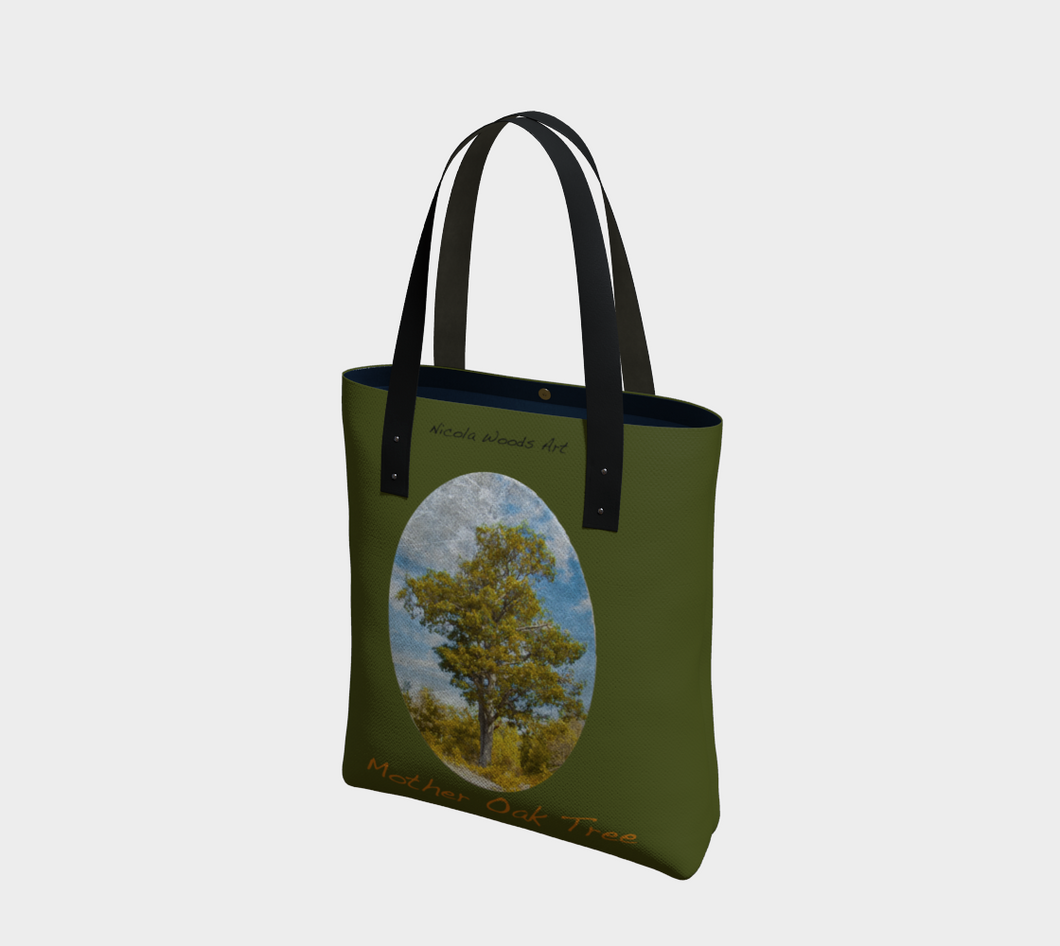 Mother Oak Tree with green background tote